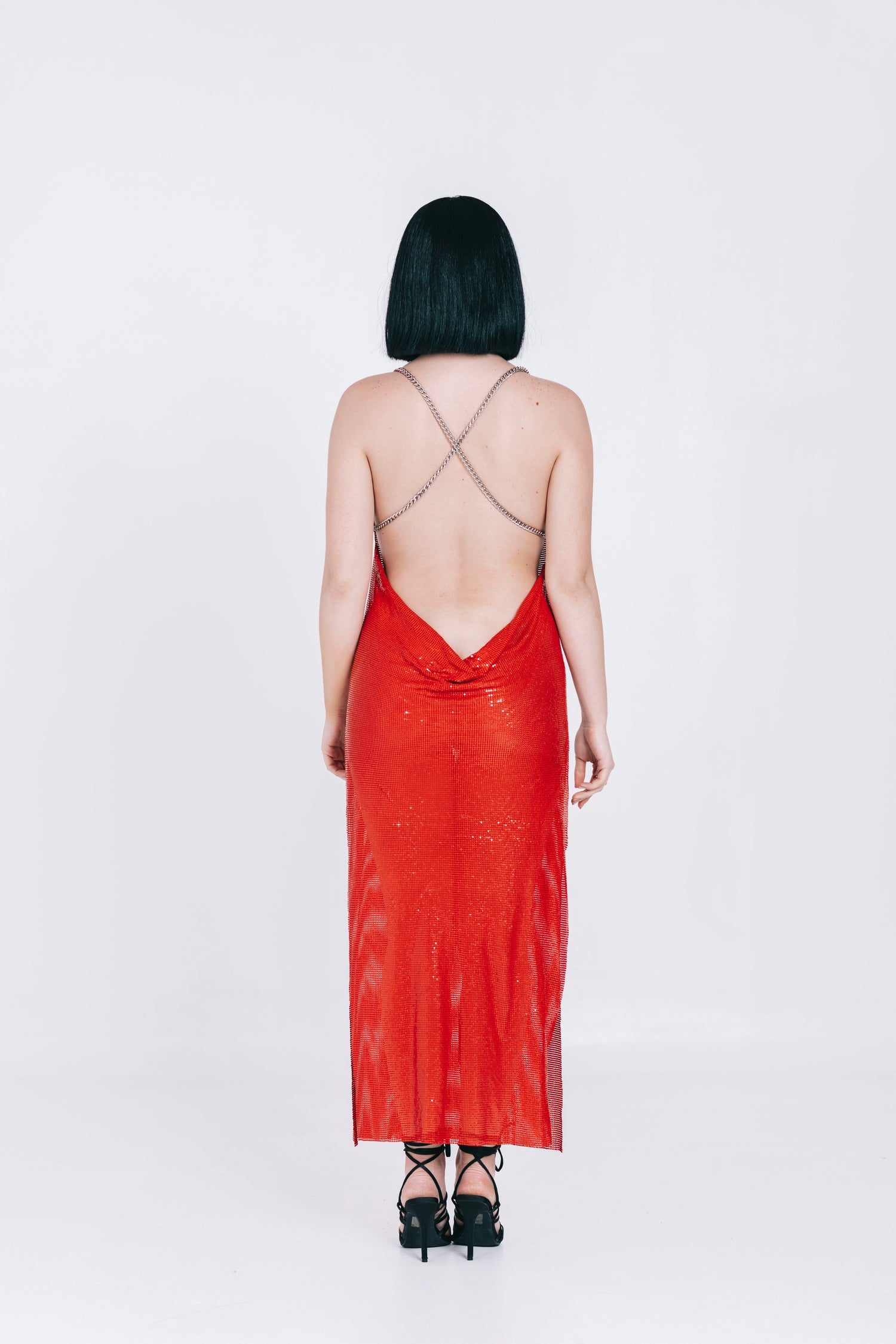 Red metal mesh long backless dress
