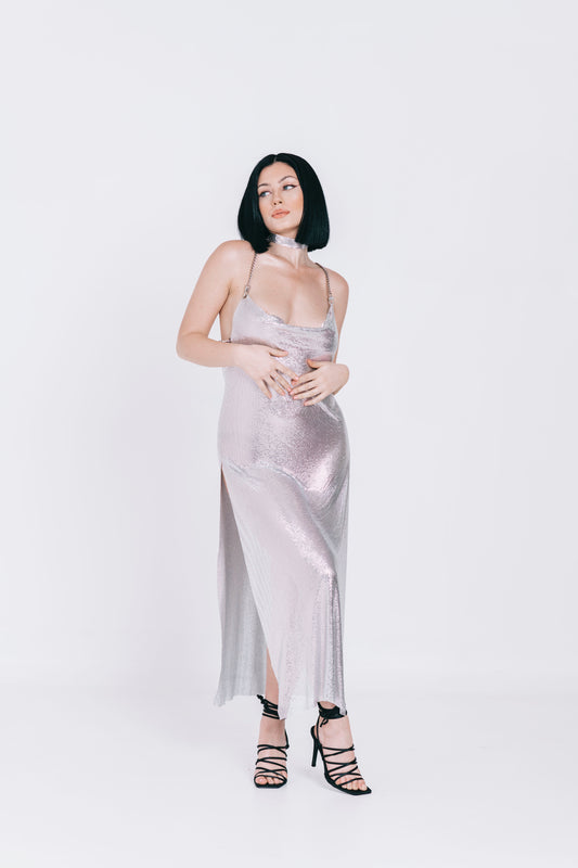 long backless dress in silver metal mesh